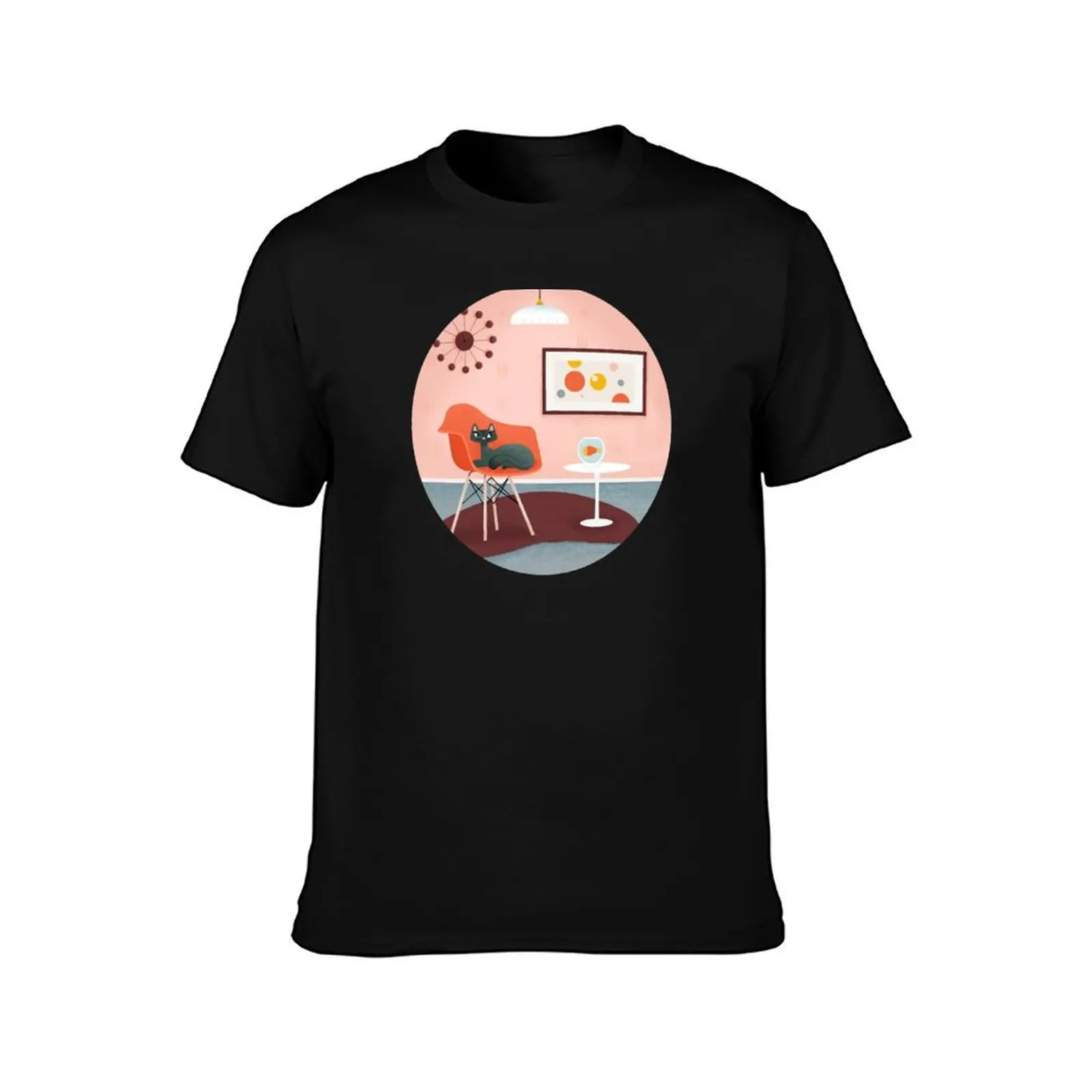 Midcentury Coral Decor With Black Cat And Gold Fish T-Shirt Summer Casual Cotton Tee Oversized Streetwear Tops 100% Cotton