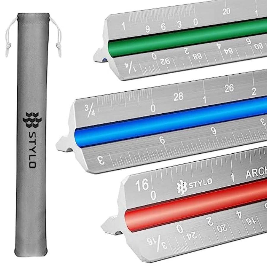 

12" Aluminum Architect Scale Ruler Laser Etched Triangle Drafting Ruler, Color Coded Grooves for print, Drafting and Drawing, A