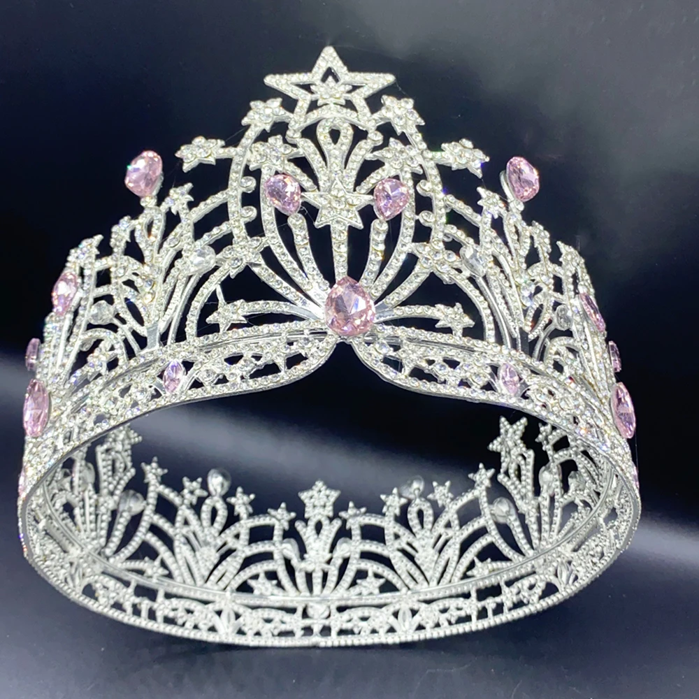 Princess Tall Pageant Crown for Women Full Round Crown Cake Topper Elegant Hair Accessories for Prom Wedding Birthday Party