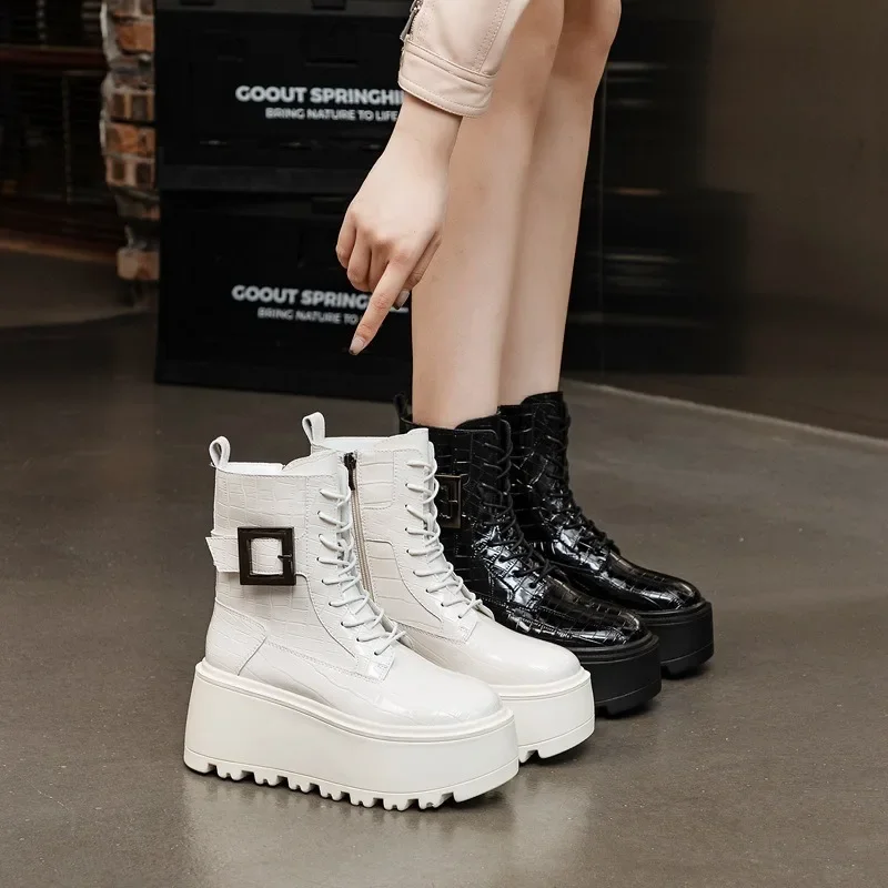 8CM New Women Combat Boots Ankle Booties Platform Sneakers Spring Autumn Warm Fur Winter Genuine Leather Women Shoes Boot