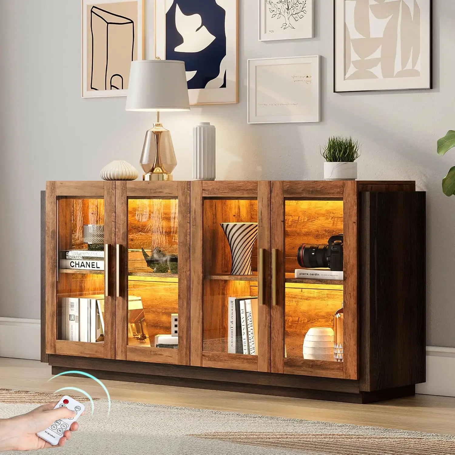 

Sideboard Buffet Cabinet, Mixed Color Accent Cabinet with LED Lights, Modern Glass Doors Storage Cabinets with Adjustabl