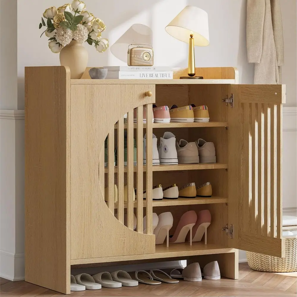 

Shoe Cabinet with Adjustable Shelves, 4-Tier Shoe Storage Cabinet with Slatted Do, reestanding Wooden Shoe Cabinet Storage or En