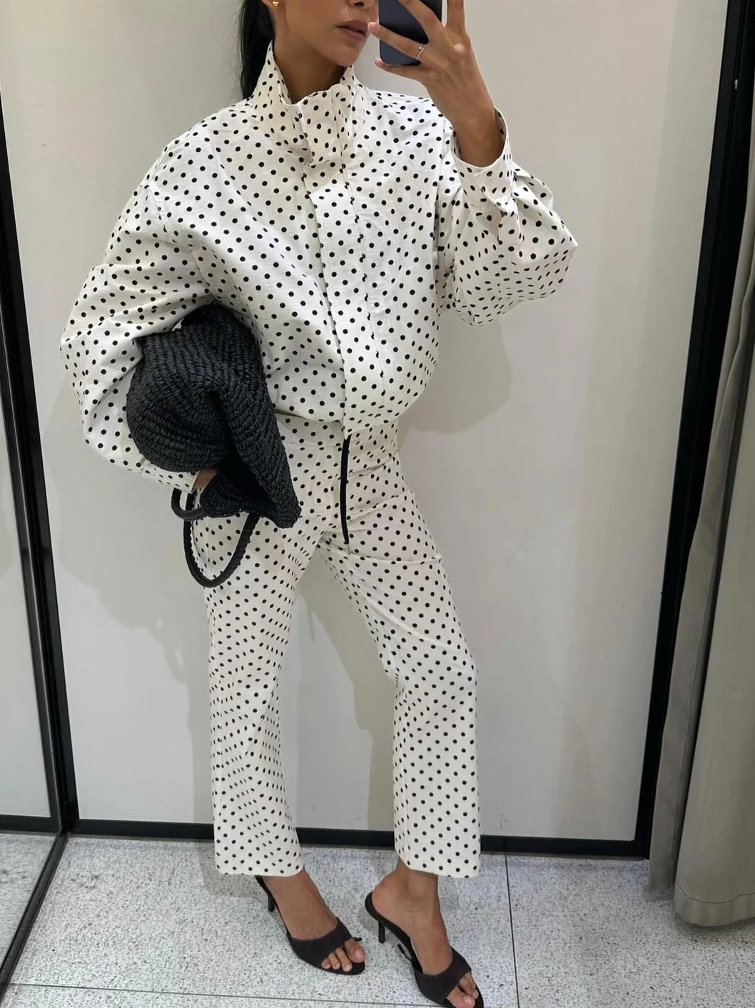 

Women's Autumn Casual Polka Dot Blazer with Zipper Drawstring Jacket Mid-Rise Straight Street Style Pants Set