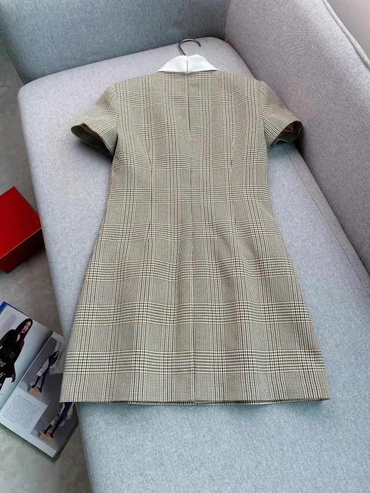 Luxury Plaid Short Dresses Women Summer Holiday Short Sleeve Single Breasted White Collar Mini Vestidos Party Robe