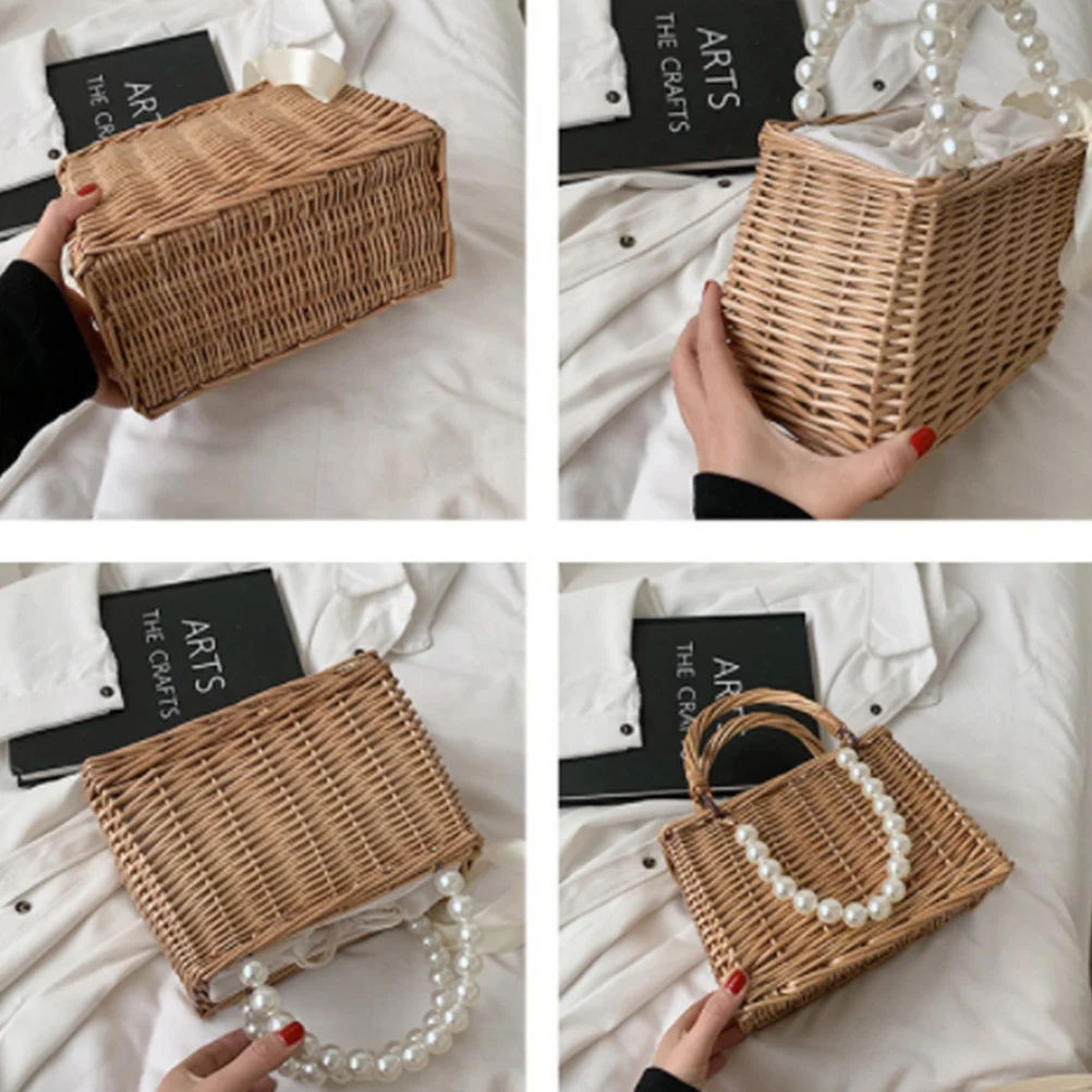 

Pearl Straw Handbag Women Portable Bag Fashionable Beach Tote Easy Access Drawing Rope Design Large Capacity Id Cards Mobile