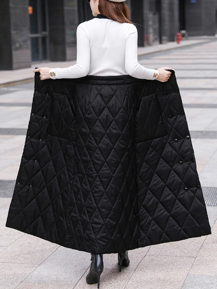 Black Thicken One Piece Of Down Cotton Maxi Skirt 2023 Winter Double Breasted Warm Saias Longas For Women