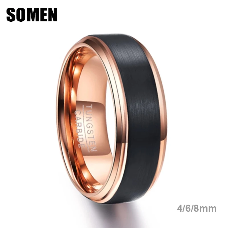 Somen Unisex Tungsten Carbide Ring 4/6/8mm Men Women Wedding Band Black Brushed Cut Edge Rose Gold Inside Luxury Couple Ring