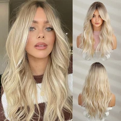 Długa naturalna falowana peruka z boczną grzywką Ombre Brown do Platinum Blonde Kręcone peruki syntetyczne dla kobiet Odporne na ciepło sztuczne włosy