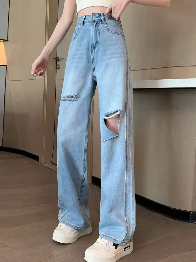 

High Waist Straight Leg Denim Jeans Women's Summer Thin Ice Silk Small Size Slim Wide Leg Pants Trendy Hollow out Casual Blue