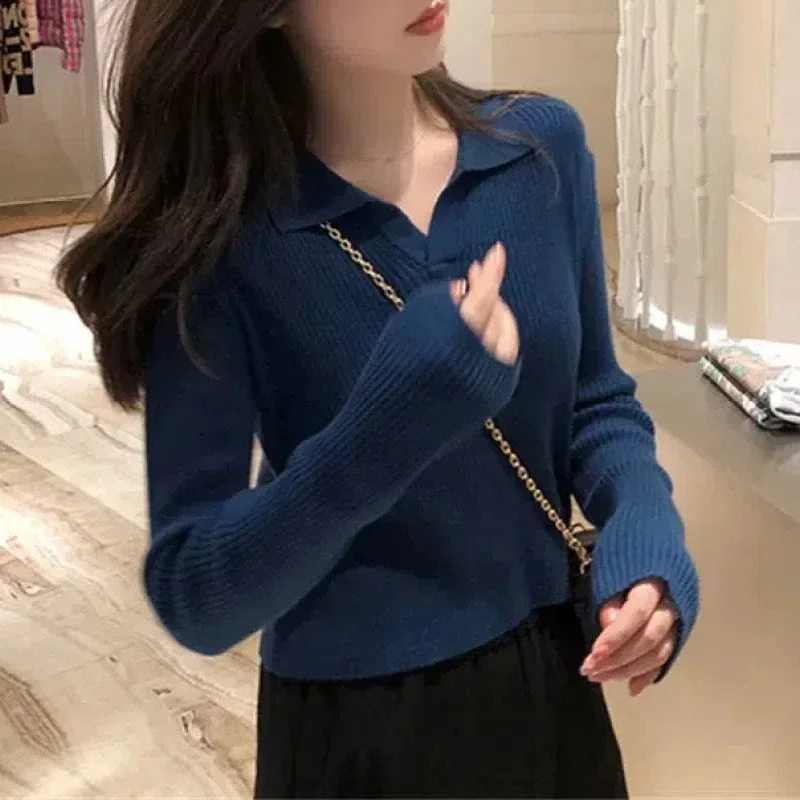 Women's Clothing Solid Knitted Casual Sweater Pullover Turn-down Collar Screw Thread Long Sleeve Office Lady Sweet Tops B289