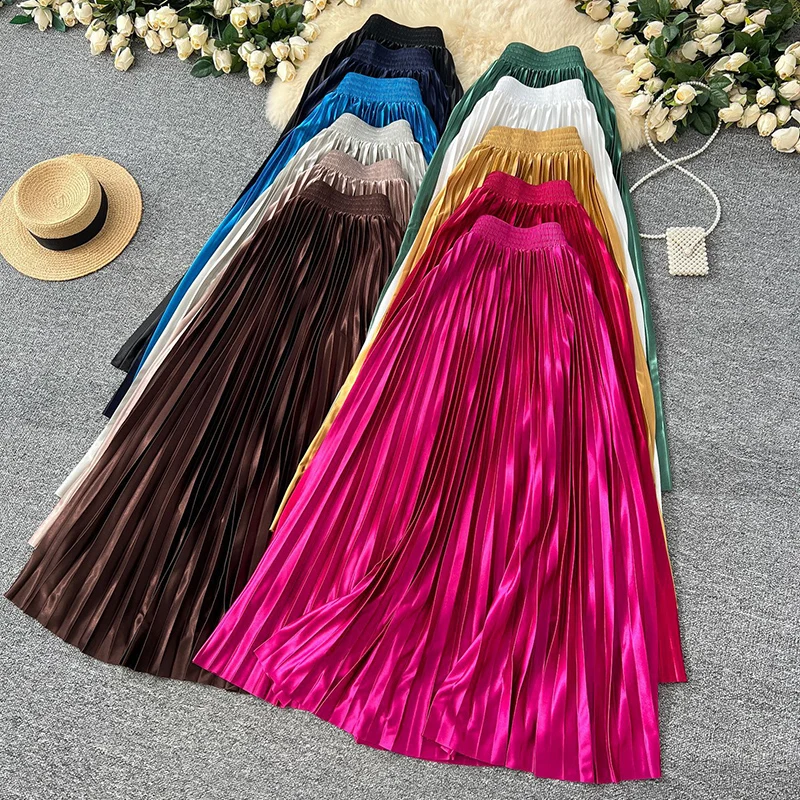 Glossy Pleated Midi Skirt for Women 2026 Elegant Elastic High Waist A-Line Skirts Woman All Match Solid Color Long Skirt Ladies