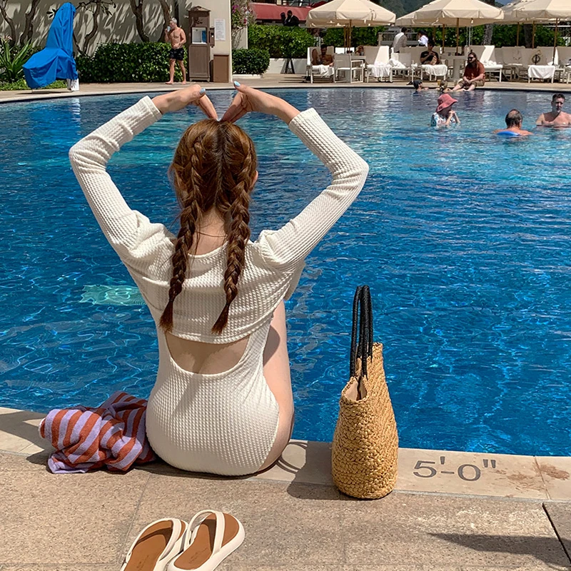 

Ladies' One-Piece Swimsuit Long Sve Thermal Spa Cover up Slimming Belly Concealing Meat Covering Casual Swimwear