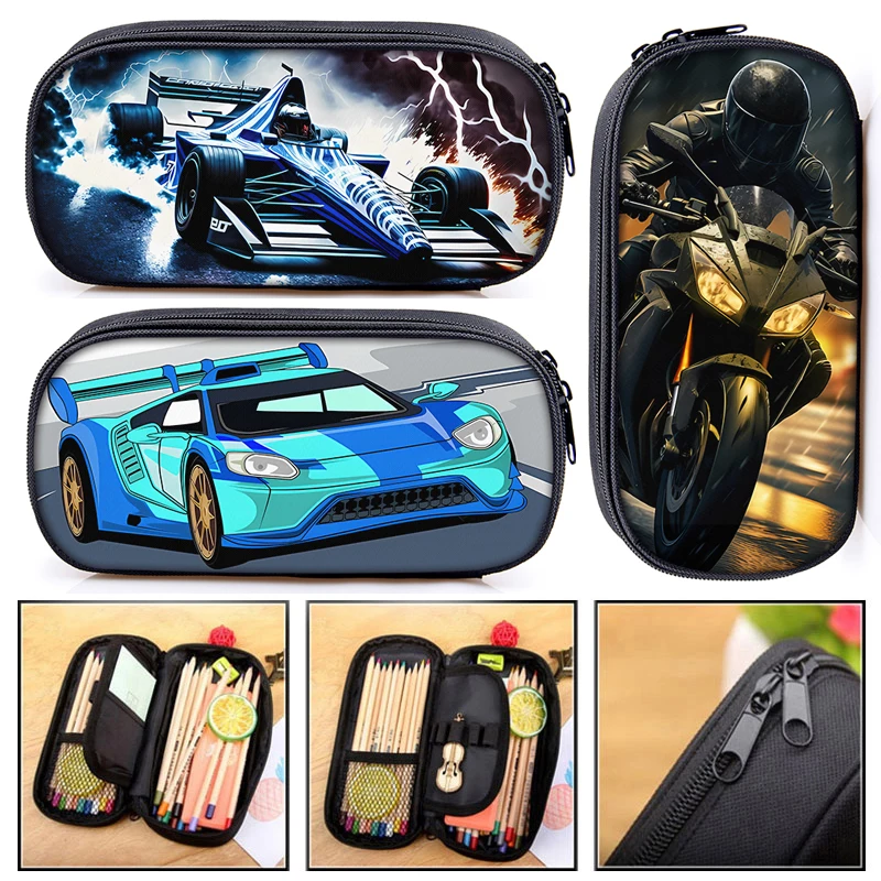 Cool Racing Car Motorbike Print Cosmetic Case Pencil Bag Punk Motorcycle Storage Stationary Bag Pencil Box School Supplies Gift