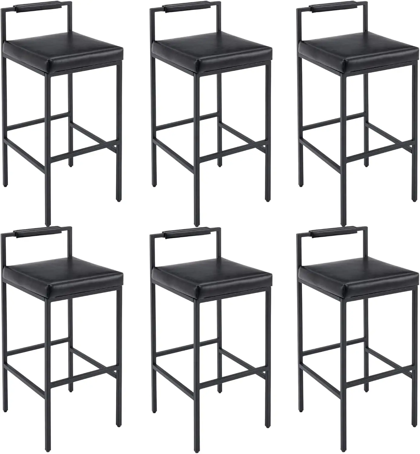 Black Bar Stools Set of 6 Faux Leather Bar Height Barstools with Metal Legs 30 Inch Industrial Counter Stools with Back Upholste