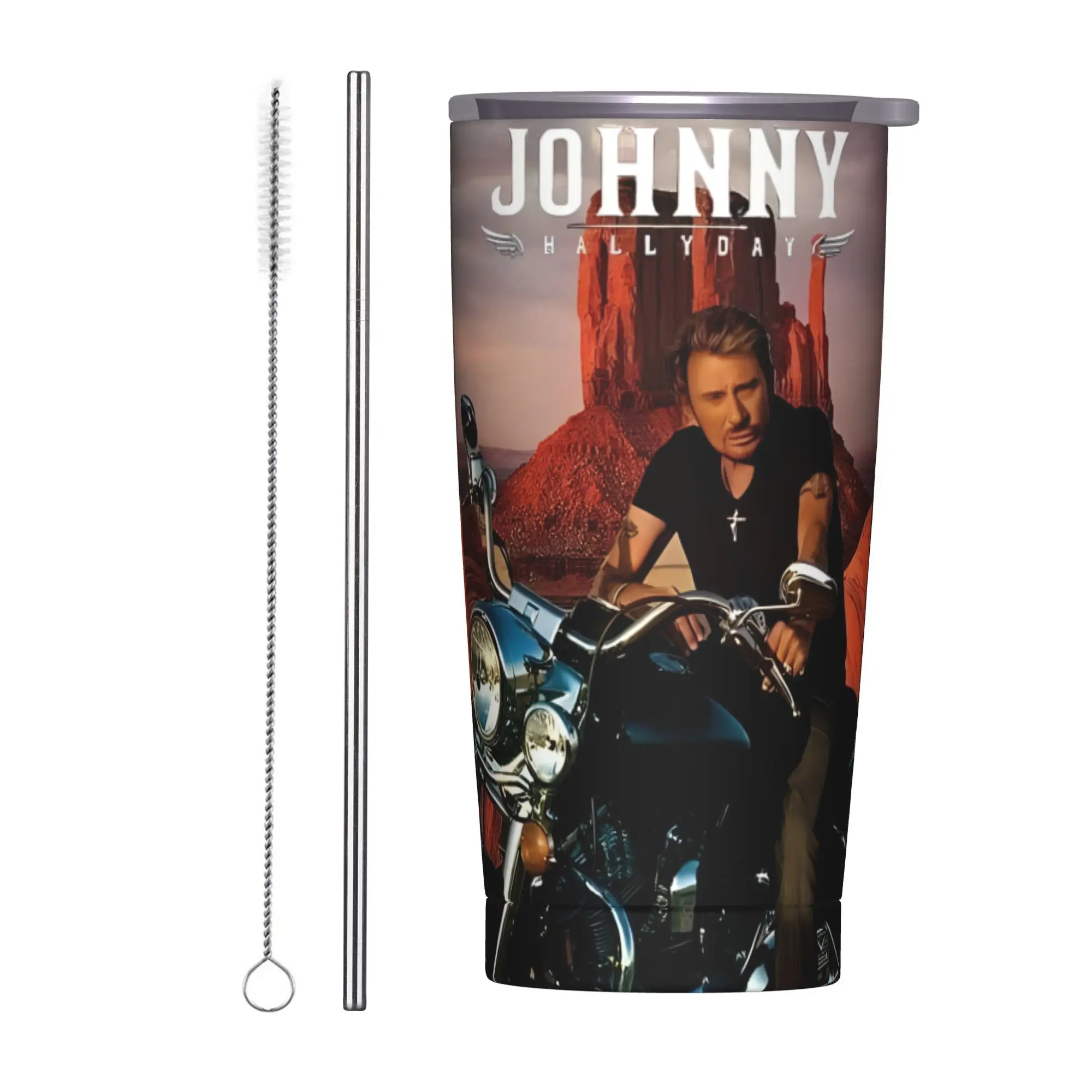 Johnny Hallyday Tumbler Vacuum Insulated Rock Star French Singer Coffee Cups Stainless Steel School Mugs Hot Cold Drink, 20oz