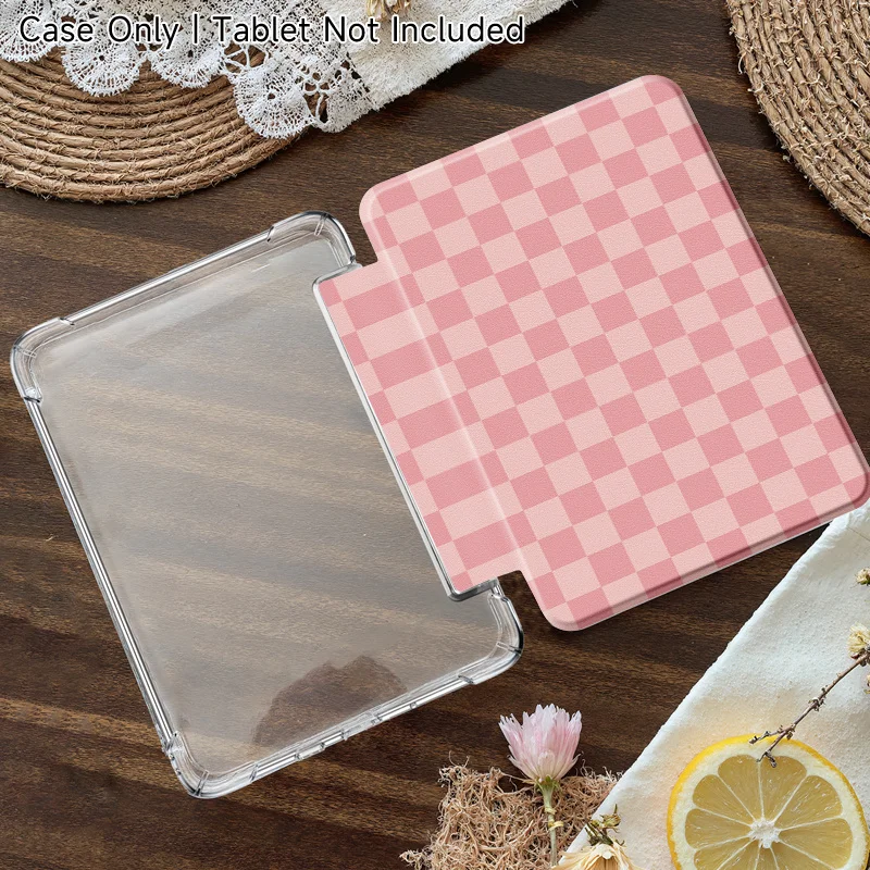 Pink Checkered Pattern E-Reader Case, compatible with the Kindle Paperwhite 5 (2021), Kindle for Teens (2022/2024), and Kindle Paper 12th Generation (2024). The smart flip-cover design effectively prevents scratches. Lightweight and portable.