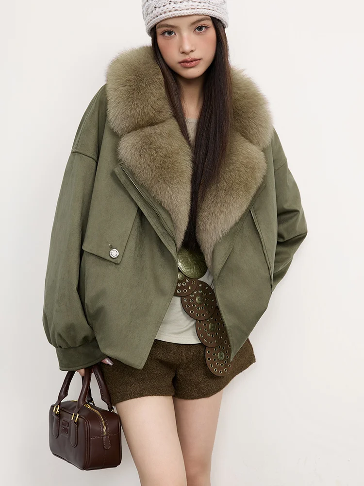 2025 New Winter Natural Fox Fur Collar Goose Down Jacket Women Motorcycle Suit Luxury Puffer Jackets Clothing Hot Sale