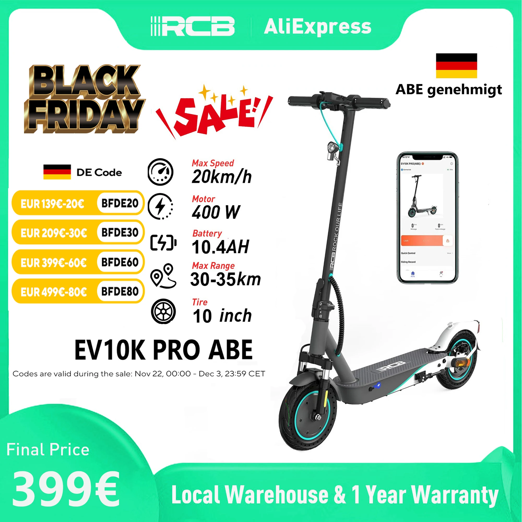 RCB Electric Scooter, E-scooter with Road Approval (ABE), 10 inch，400W Motor, 30-35Km Range, Foldable E-scooter, APP Control