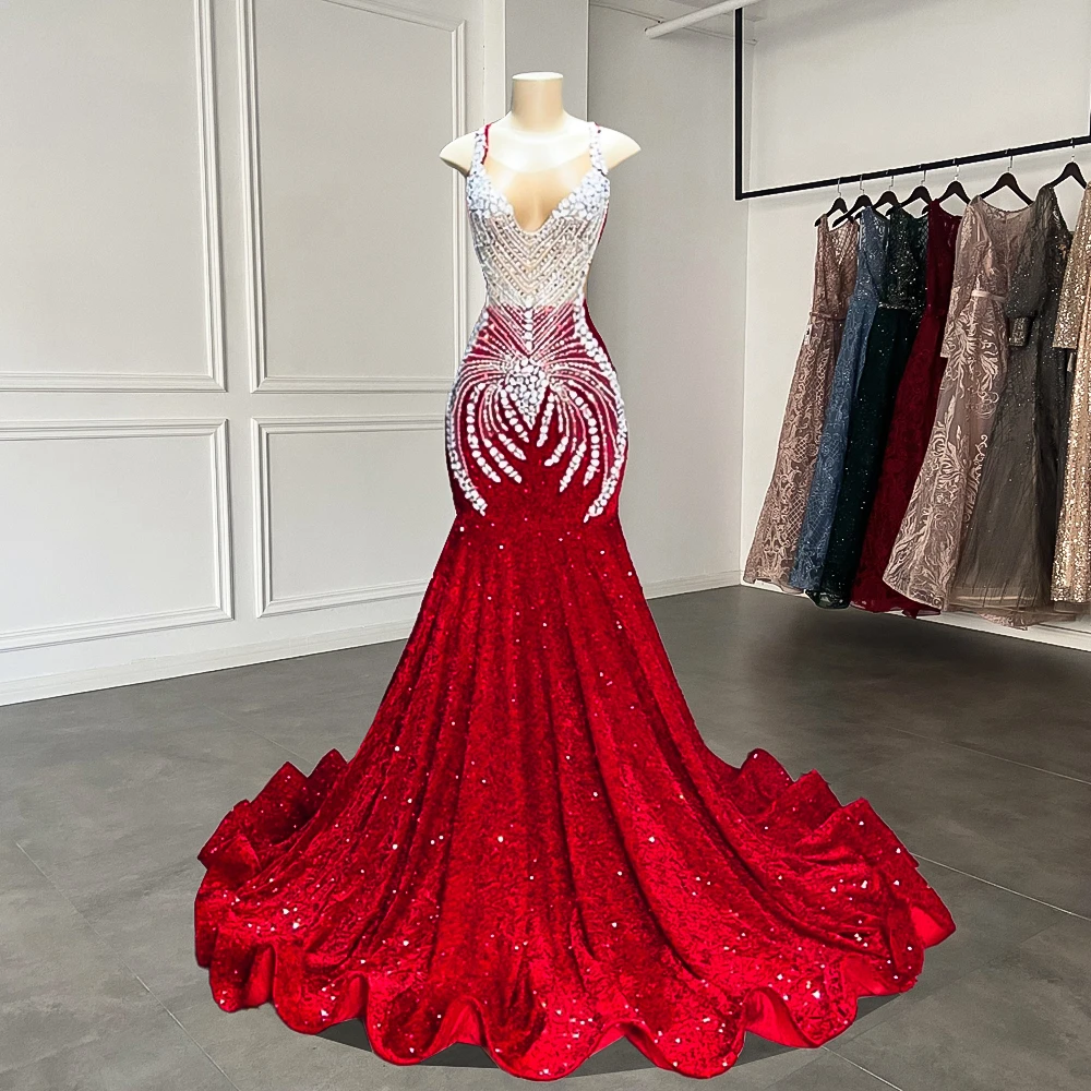 

Fitted Women Red Mermaid Prom Dresses 2023 Sheer Top Luxury Silver Crystals Black Girls Long Sequin Prom Dress