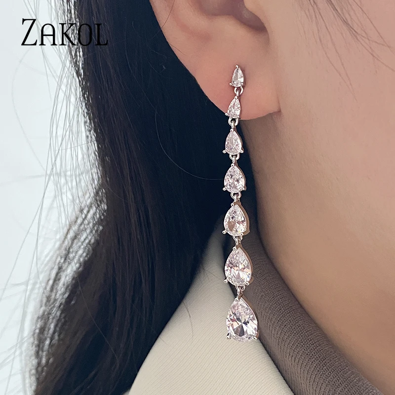 ZAKOL Luxury Water Drop Cubic Zirconia Long Dangle Earrings for Women Wedding Party Jewelry EP1086