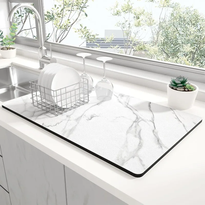Marble Texture Kitchen Drying Mat Non-Slip Heat Resistant Countertop Pad Modern Home Decor Sink Mat for Dishes Glasses Cutlery