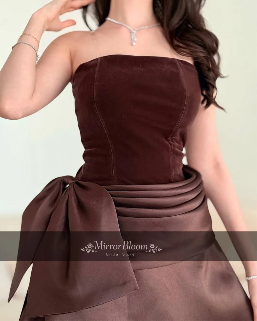 

Elegant Chocolate Brown Strapless Floor Length Dresses Women Satin Bow Waist Formal Evening Party A-line Prom Gown Customized