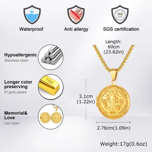 Saint Benedict Necklace for Men Boys,Customized Photo Picture Stainless Steel Round Box Necklaces,Gift to Dad Husband BBF - Image 4