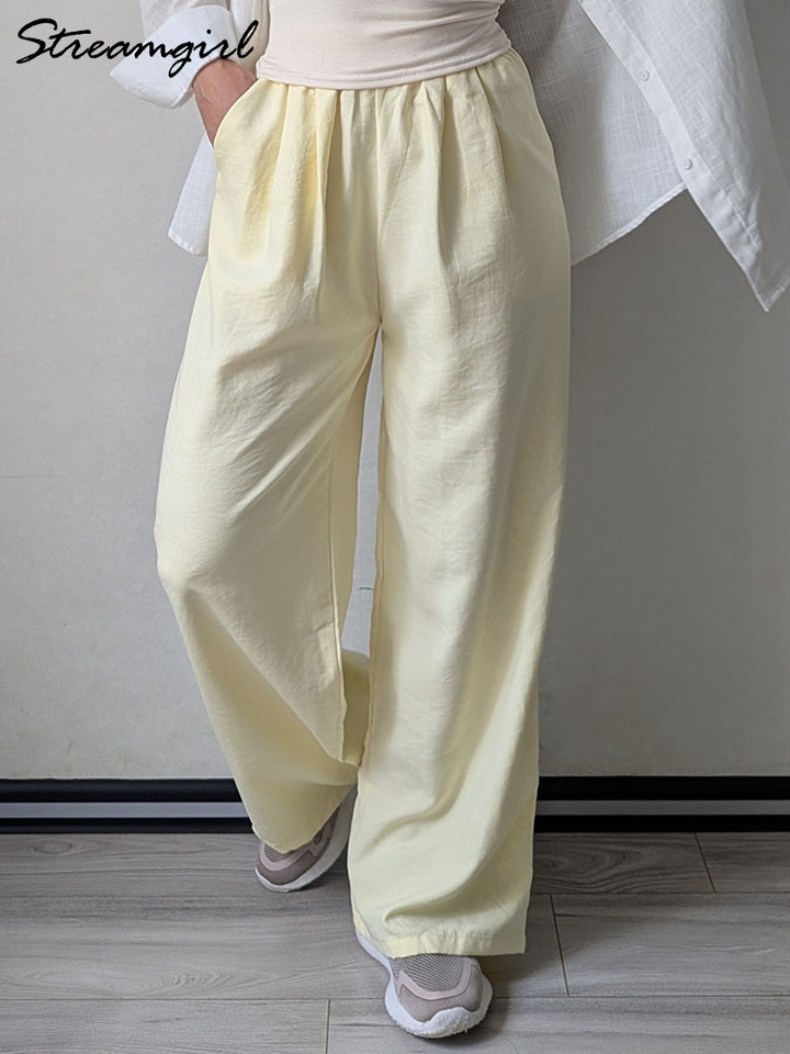  Women Pants Yellow Wide Leg Trousers With Pockets Summer Straight Pink Sweatpants Woman Elastic Waist Long Baggy Pants For Women 