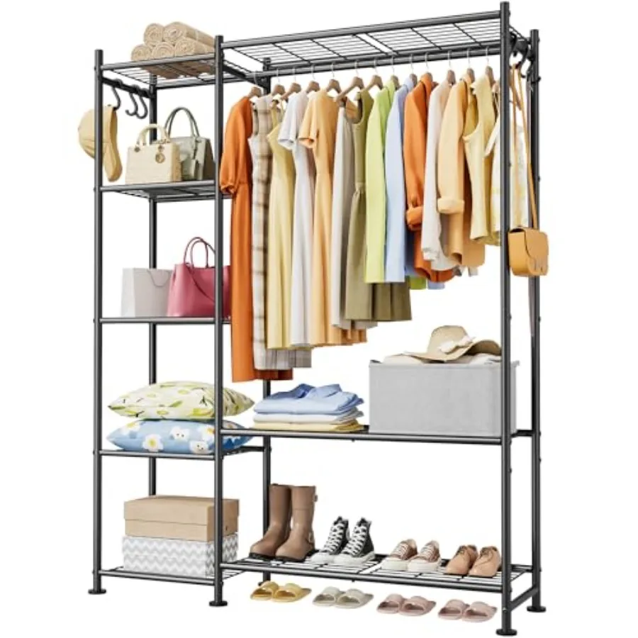 

Closet Organizers and Storage - Free-Standing Clothes Rack with Leveling Feet and Wall-Anchor Straps Wardrobe Closet with 6 Hoo