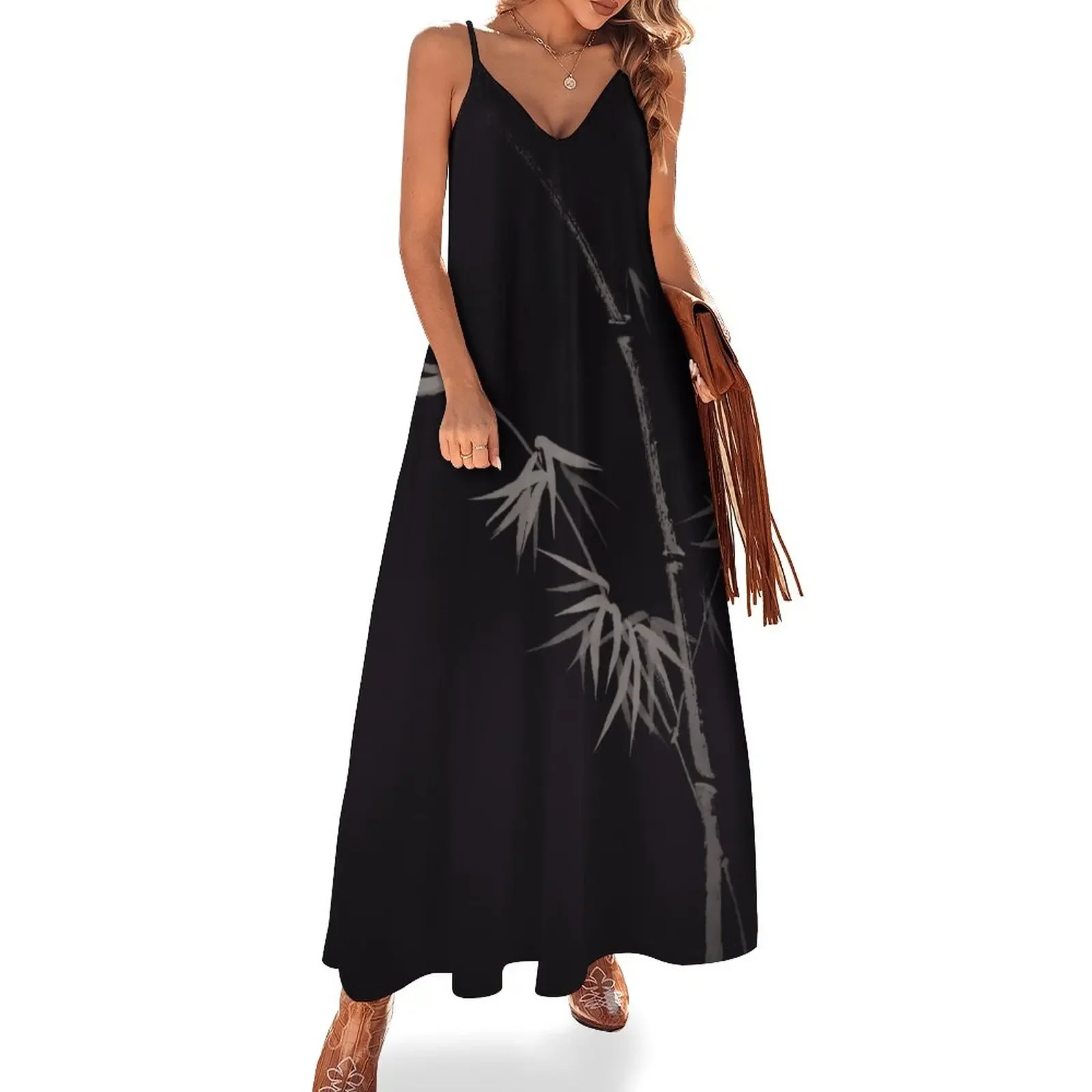 

Elegant bamboo stalk with leaves Japanese Zen art design on black art print Sleeveless Dress summer clothes