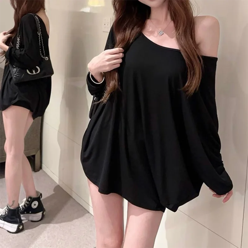 Solid Oversized T-shirt for Women\'s Casual Loose Top Fashion Bat Sleeves Simple Sexy Off Shoulder Korean Baggy T shirts Autumn