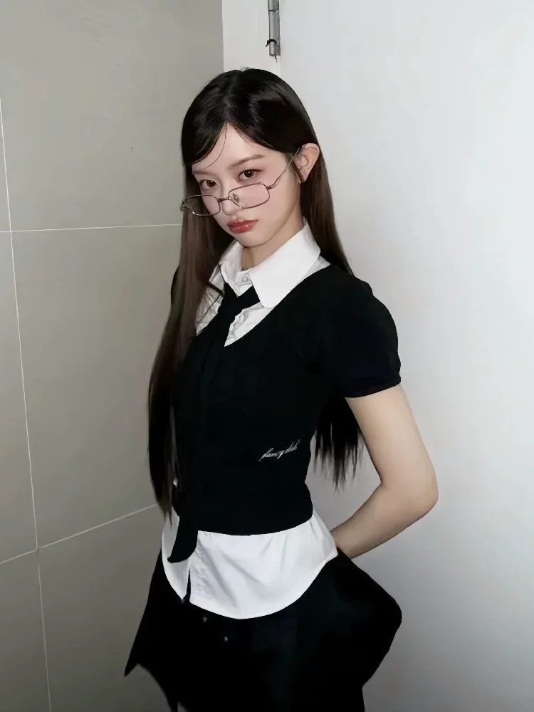 Jupe plissée coréenne en deux pièces avec faux irt et cravate pour femmes, couleur Pure, saison de printemps, autre matériau 00%