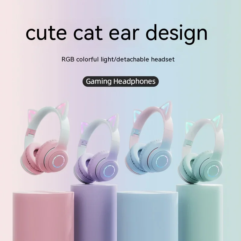 Wireless Bluetooth Headphones with Cat Ear Glow Light for Children Gamer Girl Gifts PC Phone Gaming Headset - BT029C