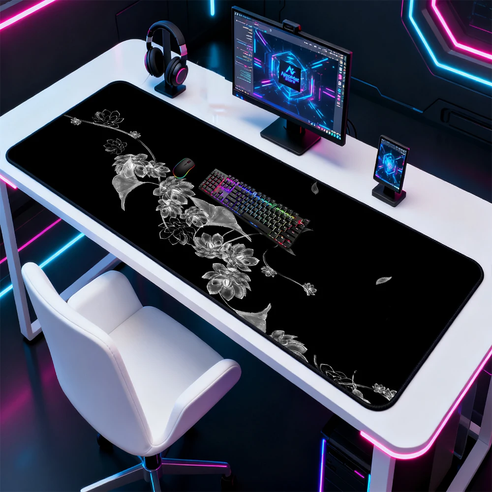 Floral Desk Mat Mousepad 160x60 Black And White Botanical Rubber Nonslip Gaming Keyboard Mat 180x60 Elegant Minimalist Design