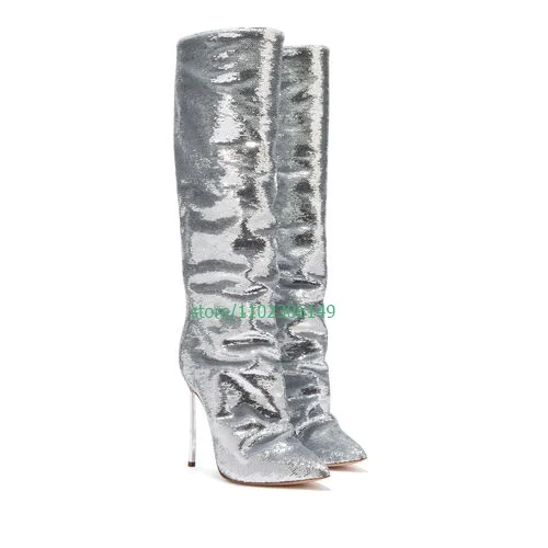 Lady Gold Sliver Bling Sequins Calf Boots Sexy Party Calf Footwear Size Pole Dancing Boots Solid Color Boots Causal Lady Boots