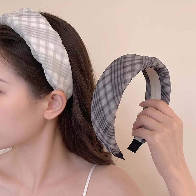 Retro Plaid Wide Headbands for Women Pleated Fabric Hair Hoop Hairbands Non-slip Face Washing Makeup Headwear Hair Accessories