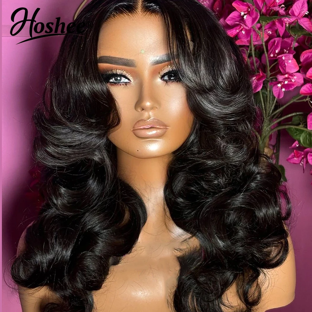 Layered Curtain Bangs Wig Human Hair Body Wave 4x4 Lace Closure Wig Pre Plucked Put On And Go Pre-Cut Lace Wig Brazilian Hair