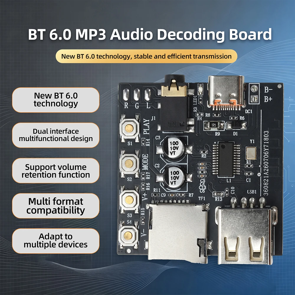 Bluetooth 6.0 MP3 Audio Decoder Board Audio Receiver with Type-C Interface for Multi-Format Playback Support AAC & Online Tuning