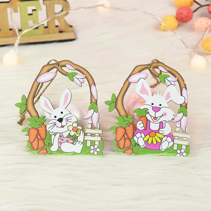 Happy Easter Egg Pendants Wooden Craft Cute Bunny Hello Spring Flower Carrot Garland Easter Party Hanging Decoration Kids Favor