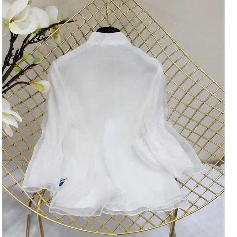 قميص تانغ مطرز على الطراز الوطني قميص ريترو كرين مطرز صيني قميص نسائي جديد أنيق فضفاض أبيض وأزرق قميص الهانبوك