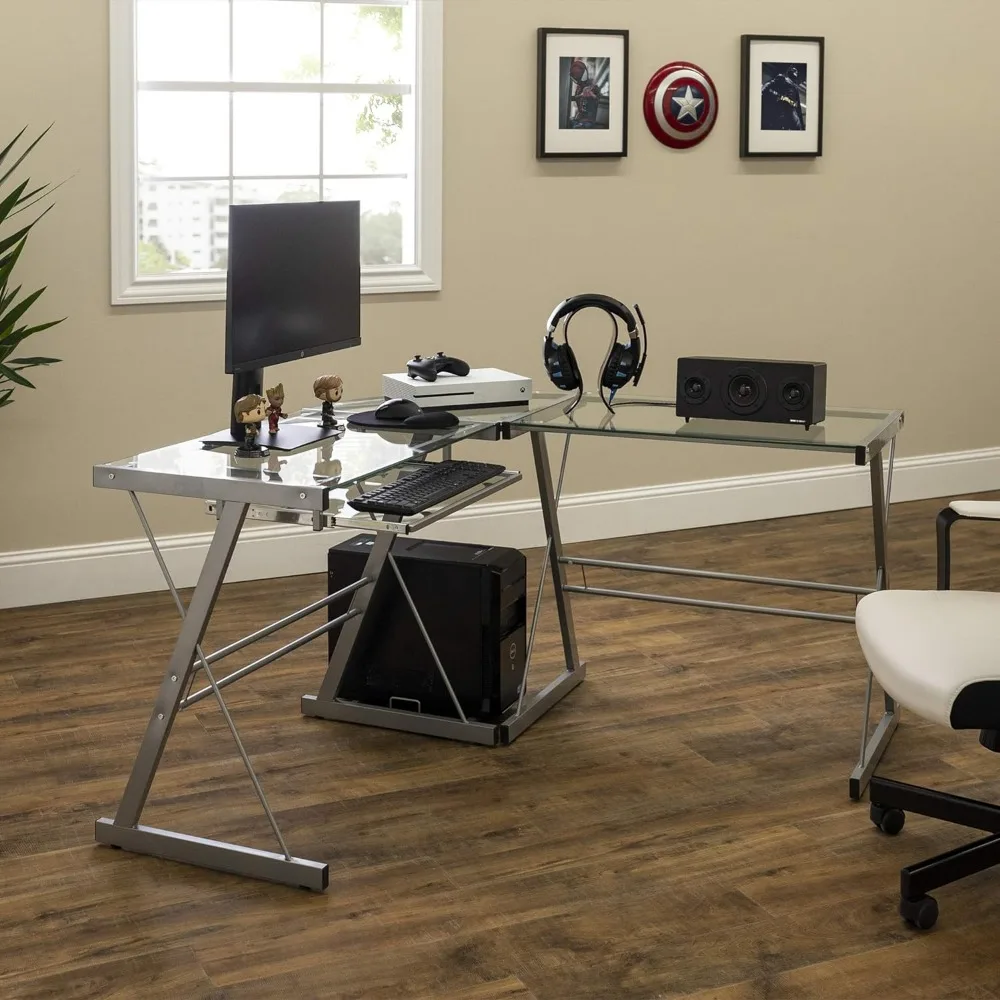 51 Inch Office Table Modern Glass Top L Shaped Corner Gaming Desk With Computer Keyboard Tray Silver Laptop Table Bed Desks