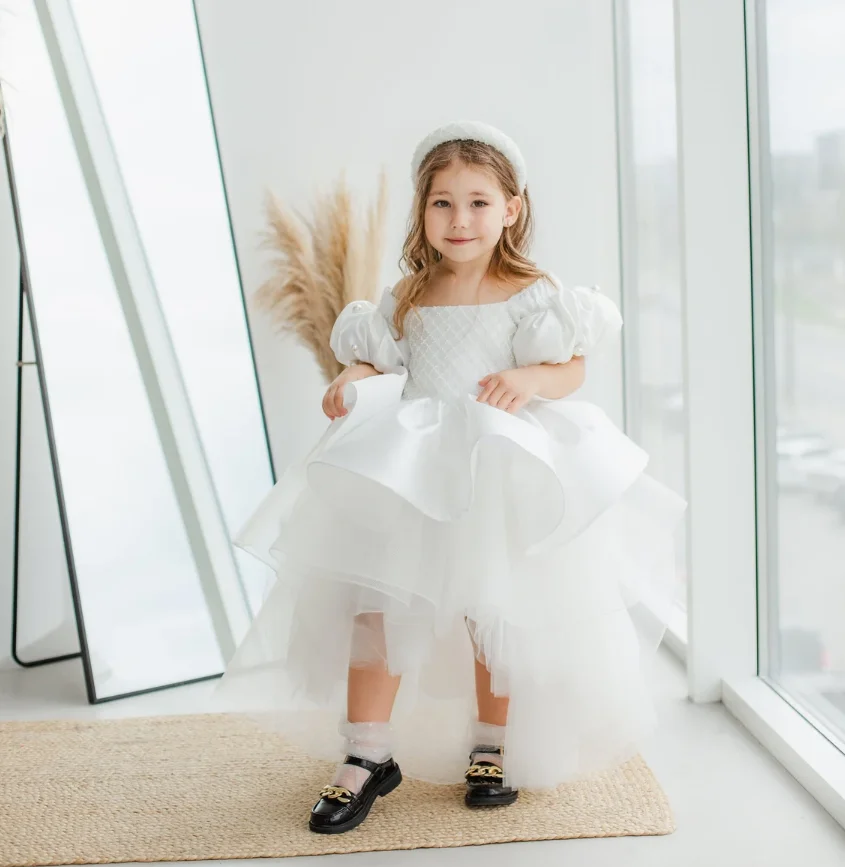 

First Communion Flower Girl Dress White Hi Lo Prom Gown Pageant Toddler Birthday Dress Special Occasion