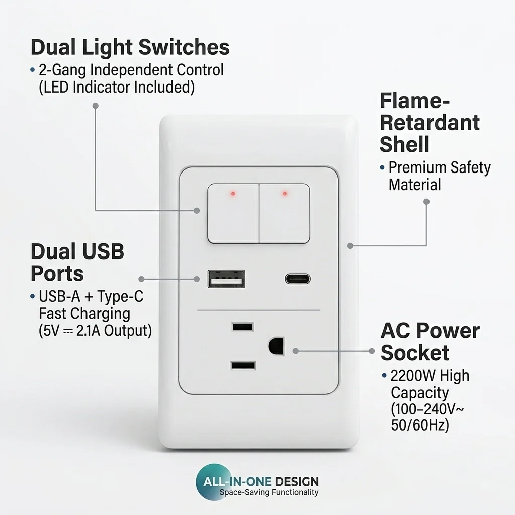 Smart Switch Socket Needs Neutral Live Wire Dual AC Outlet Wall Plate with Fast USB Type-C Charging Ports Remote Control WiFi