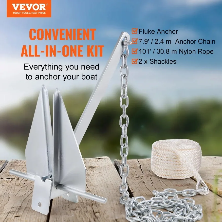 VEVOR Fluke Style Anchor Kit 13 LBS Hot-Dipped Galvanized Steel Fluke Anchor 7.9' Chain 101' Rope Two 0.4