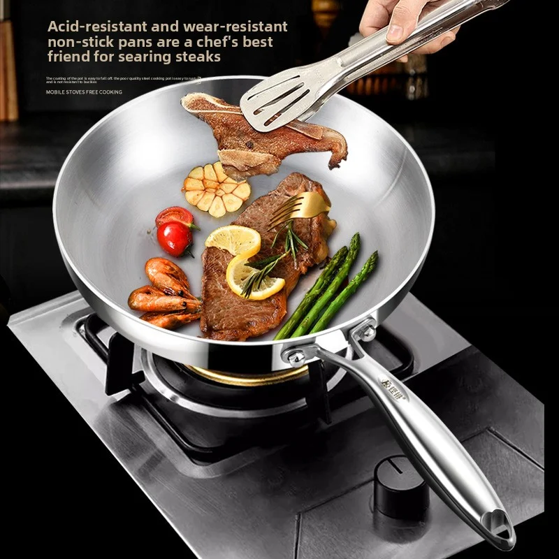 Modern stainless steel frying pan with non-stick flat bottom, kitchen cooking utensils, universal wok for gas stovesinduction