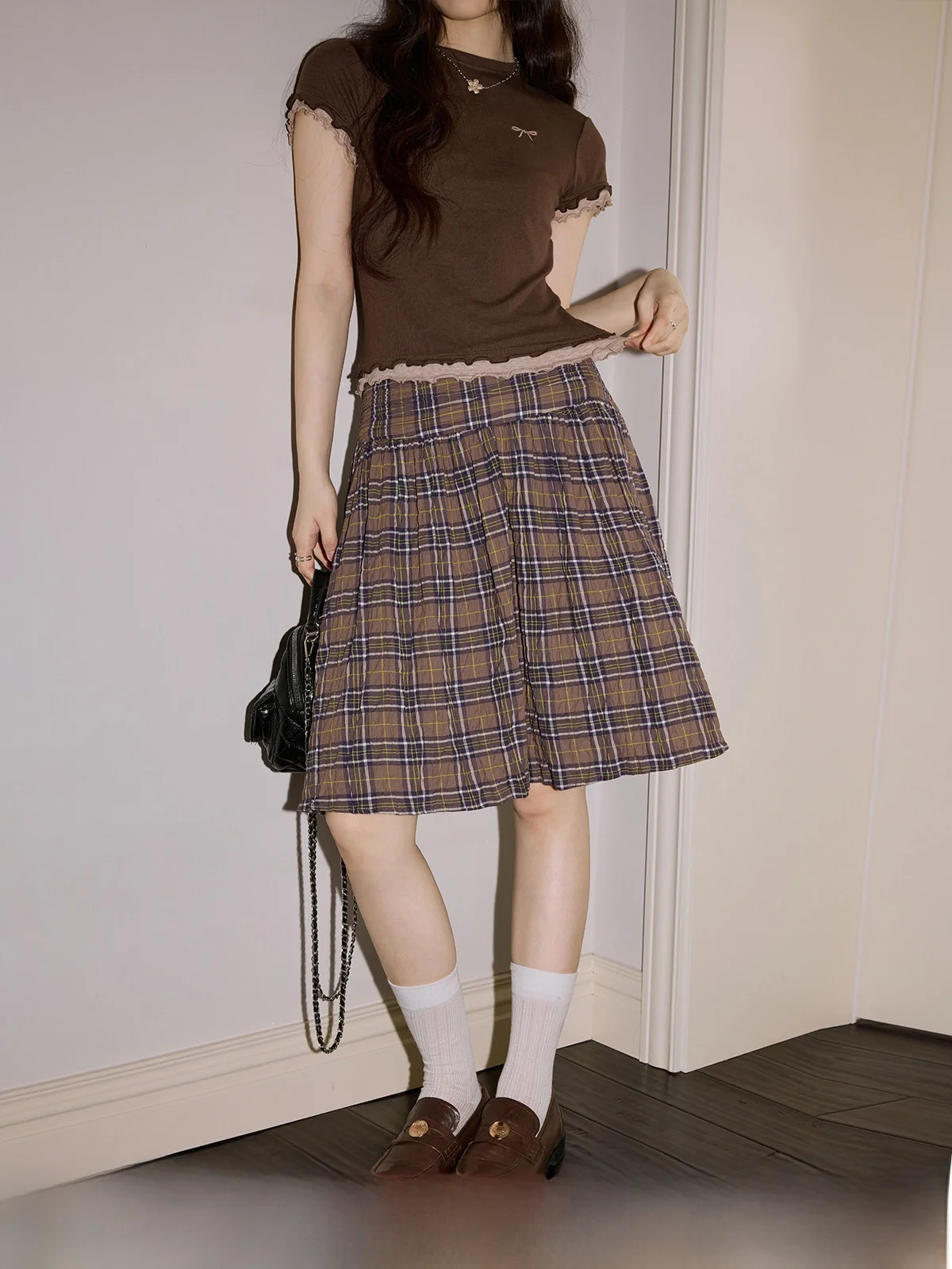 

Юбка А-силуэта с высокой талией, женская, в клетку, плиссированная, в стиле ретро, коричневая, весна-лето, новая модель, для повседневной носки и поездок на природу