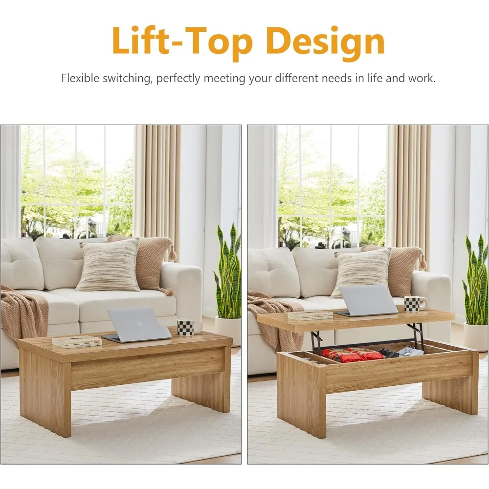 Small Lift Top Coffee Table, Wood Rectangle Coffee Table with Lifting Top and Hidden Storage Compartment, Mid Century Modern Cen