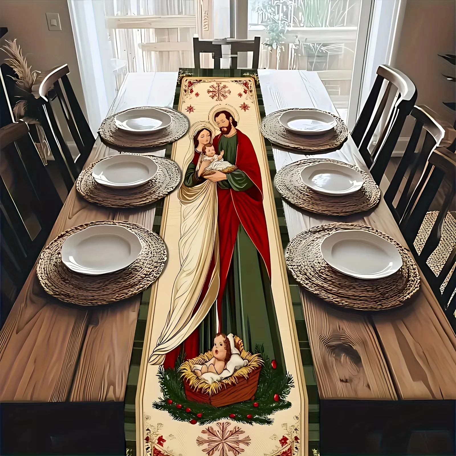 

Table Runner Elegant Religious Religious Christmas - Jesus, Mary & Joseph Design, Holiday Decor for Dining Tables & Rustic Homes