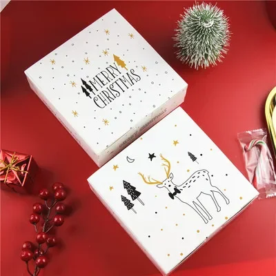 

14*14*5cm 20pcs white Merry Christmas elk design Paper Box cookie Macaron DIY Christmas Party favors Gifts Packaging