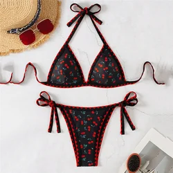 Women's Sexy Cherry Floral Print Swimwear Triangle Halter String Bikinis Sets High Cut Bathing Suit Bikini 2024 Mujer beachwear